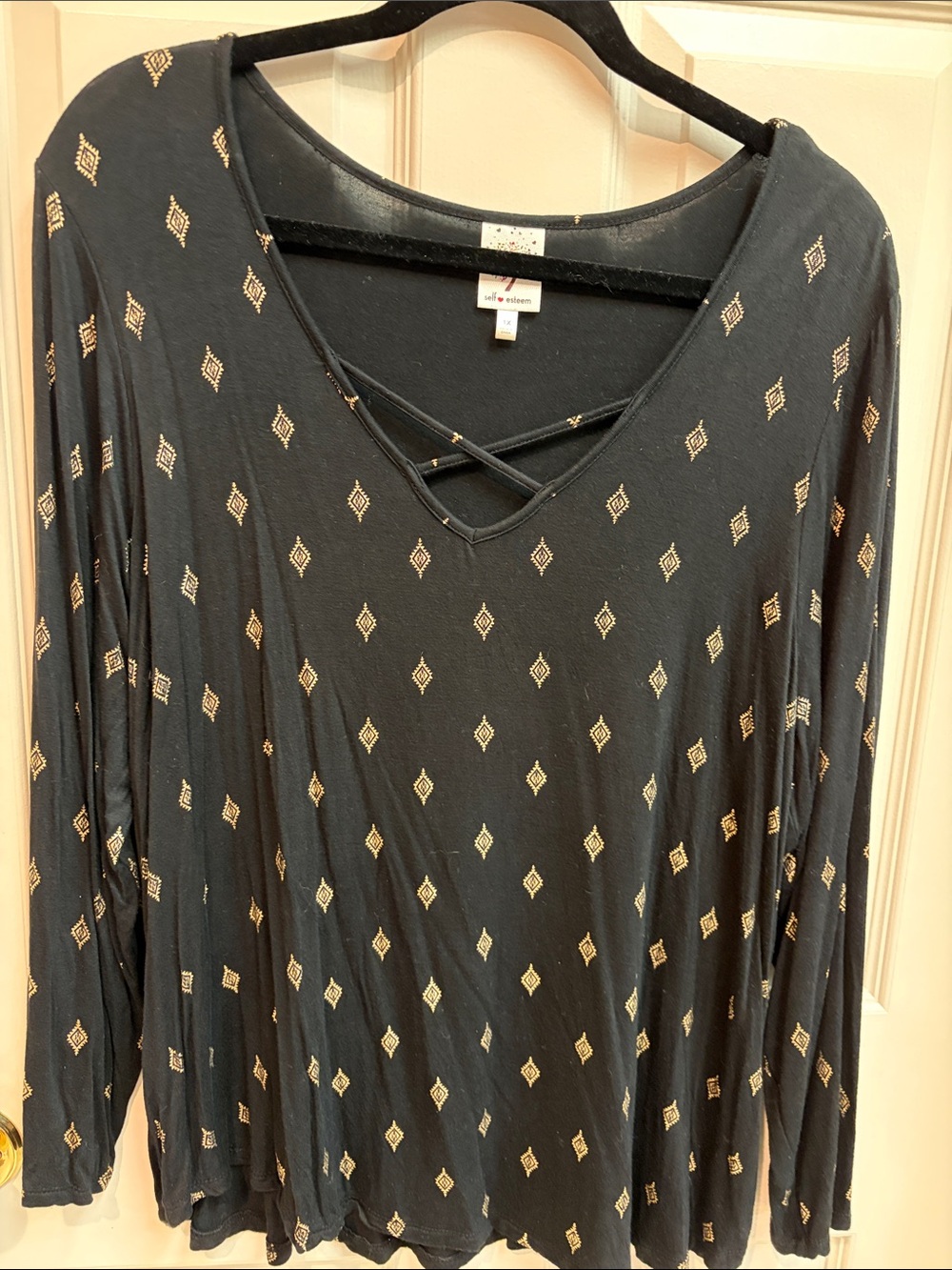 Self Esteem Black Long-Sleeve V-Neck Top with Gold Diamond Accents